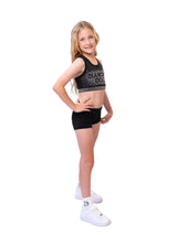 Girl wearing Diamond Doll Rhinestone - Shorts and crop top, showcasing comfort and style with rhinestone details.