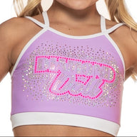 Lilac Sky Crop featuring a criss-cross neckline, sparkly rhinestone design, and stylish lilac color.