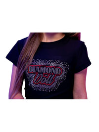 Image of a girl wearing a Diamond Doll Baby Tee, featuring a rhinestone design on a black t-shirt.
