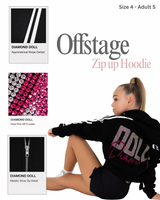 Black zip-up hoodie with 'Doll' branding and rose pink AB crystals, featuring 'Offstage' branding.
