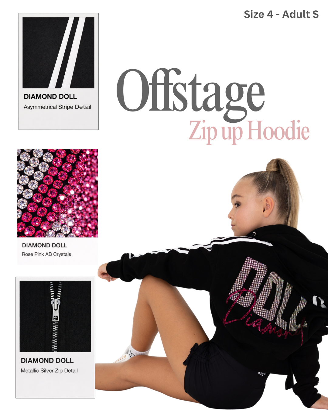 Black zip-up hoodie with 'Doll' branding and rose pink AB crystals, featuring 'Offstage' branding.