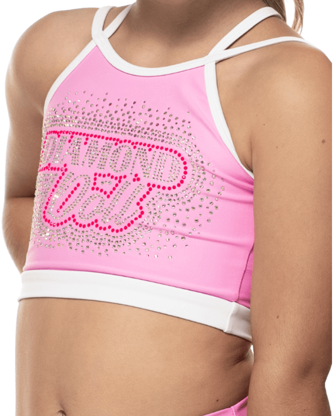 Bubblegum Sky Crop featuring a criss-cross neckline, rhinestone details, and sleek trim in bubblegum pink.