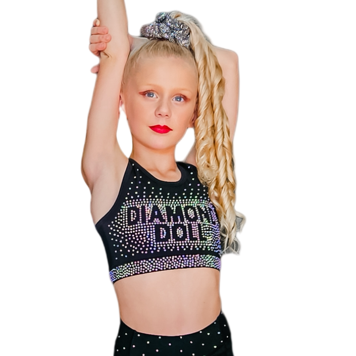 Diamond Doll Rhinestone - Crop worn by a girl with long blonde hair and a playful pose, showcasing the rhinestone details.