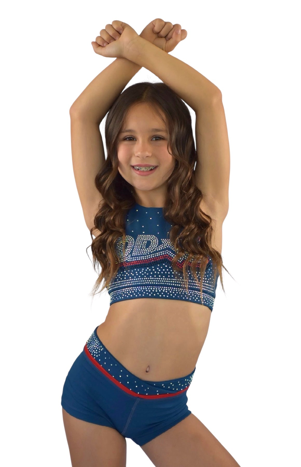 DDC Navy Rhinestone - Crop for little athletes with premium crystals and a buttery-soft fabric, perfect for cheer and dance.