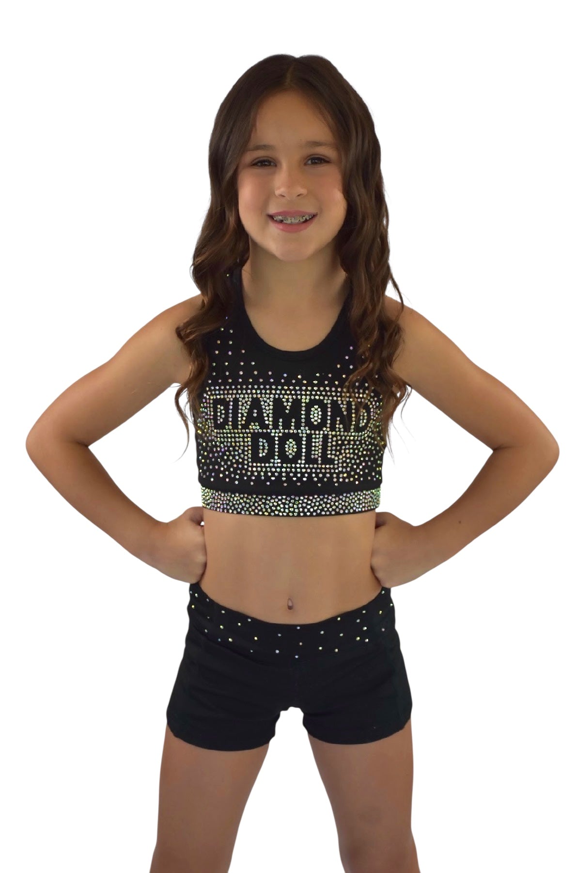 Diamond Doll Rhinestone - Crop featuring a cute strappy back and comfy stretch waistband, perfect for sparkly performances.